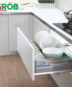 Giá để bát đĩa inox hộp vách kính Grob