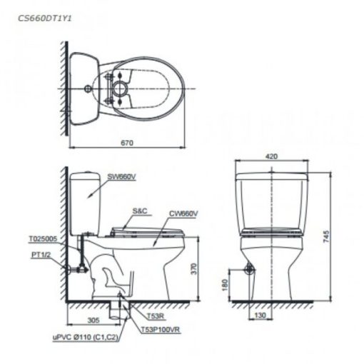 Bồn cầu 2 khối TOTO CS660DT1Y1 - 3