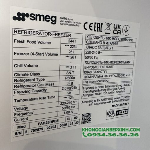 TỦ LẠNH SMEG QUỐC KỲ Ý, CỬA ĐƠN, ĐỘC LẬP, CỬA MỞ PHẢI, 50’S STYLE FAB28RDIT3 536.14.391 - 19