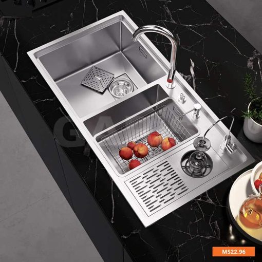Chậu rửa inox 2 hố lệch tích hợp máy rửa ly Garis MS22.96 - 11