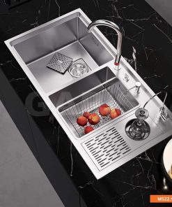 Chậu rửa inox 2 hố lệch tích hợp máy rửa ly Garis MS22.96