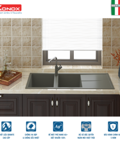 Granite sink Livello 1160 GreySiphon, giá úp bát inox KONOX - 19
