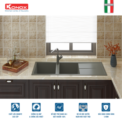 Granite sink Livello 1160 GreySiphon, giá úp bát inox KONOX - 7