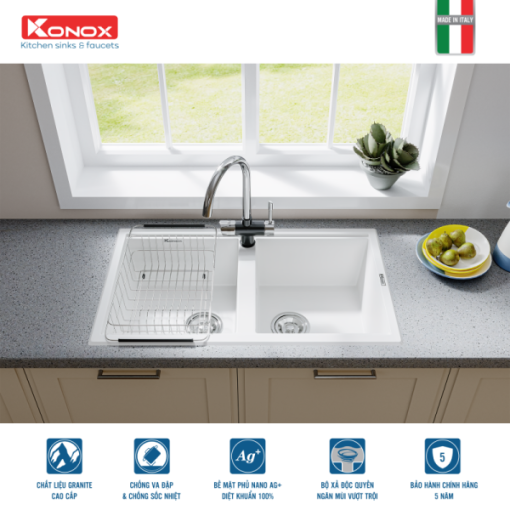 Granite sink Phoenix 860 White SilverSiphon, giá úp bát inox KONOX - 7