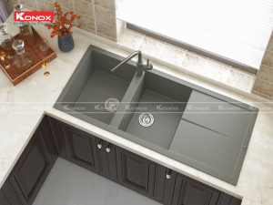 Granite sink Livello 1160 GreySiphon, giá úp bát inox KONOX - 25