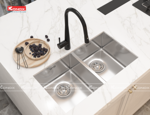 CHẬU RỬA CHÉN BÁT KONOX KN8144DU Siphon, giá úp bát inox - 9