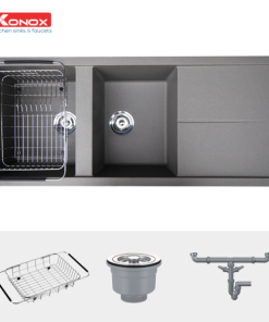 Granite sink Livello 1160 GreySiphon, giá úp bát inox KONOX - 17