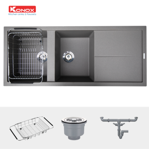Granite sink Livello 1160 GreySiphon, giá úp bát inox KONOX - 5