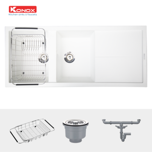 Granite sink Livello 1160 White SilverSiphon, giá úp bát inox KONOX - 5