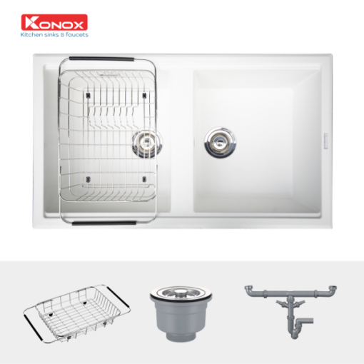 Granite sink Phoenix 860 White SilverSiphon, giá úp bát inox KONOX - 5