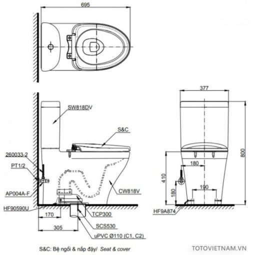 Bồn cầu 2 khối TOTO CS818DE2 - 3