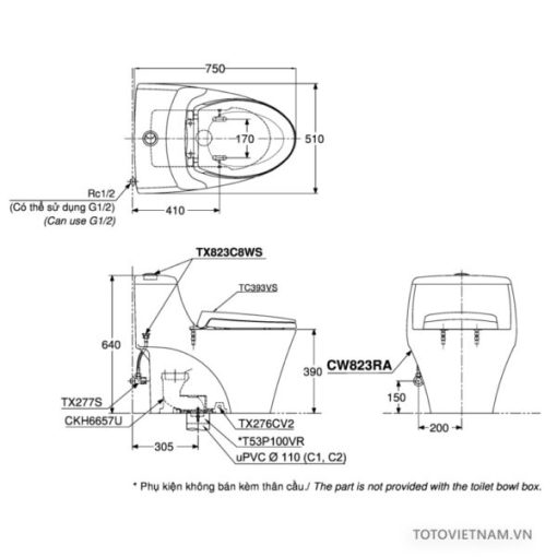 Bồn cầu 1 khối TOTO MS823RAT2 - 3