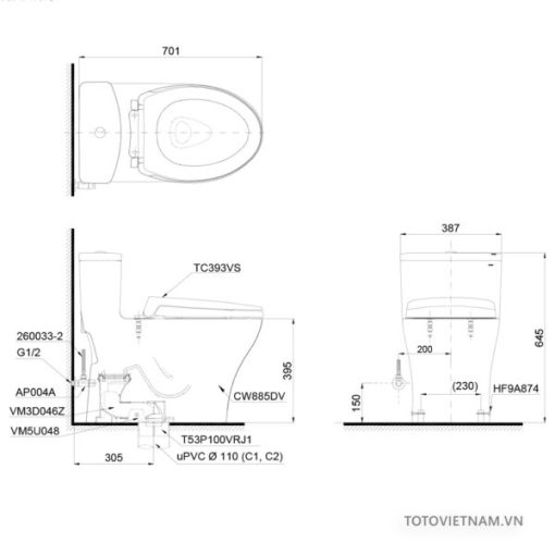 Bồn cầu 1 khối TOTO MS885DT2, nắp đóng êm - 3