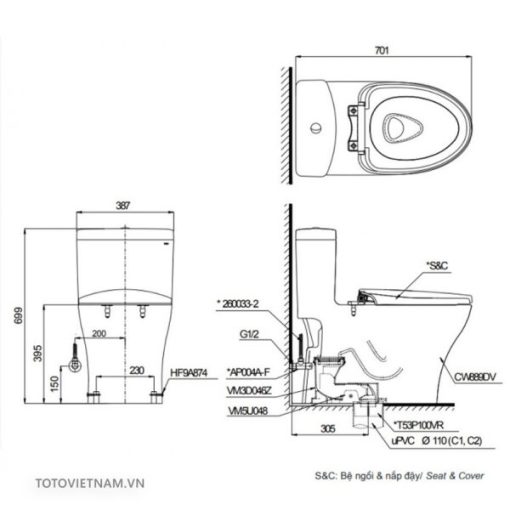 Bồn cầu 1 khối TOTO MS889DRE2 - 3