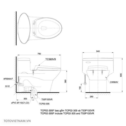 Bồn cầu 1 khối TOTO MS904E2 - 3