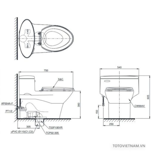 Bồn cầu 1 khối TOTO MS904T8, nắp đóng êm - 3