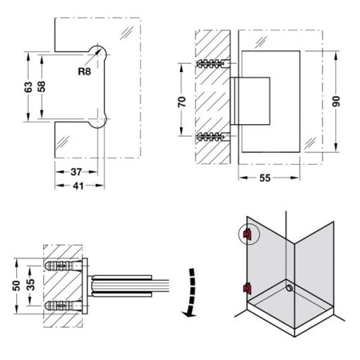 Bản lề kính – tường 90 độ Hafele 981.00.502 - 3