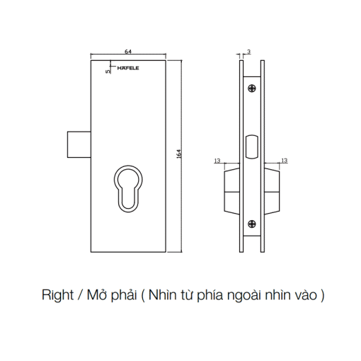 Thân khóa cửa mở xoay – hướng mở phải Hafele 981.59.020 - 3