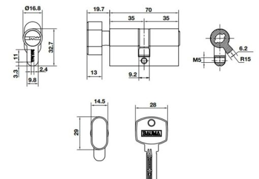 Ruột khoá 1 đầu chìa 1 đầu vặn 70mm BAUMA 916.87.823 - 3