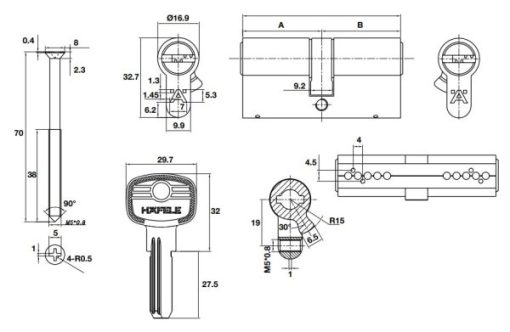Ruột khoá 2 đầu chìa Häfele 71mm 489.56.001 - 3