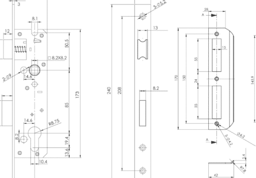 Thân khóa cho cửa đố nhỏ Hafele 911.77.263 - 3