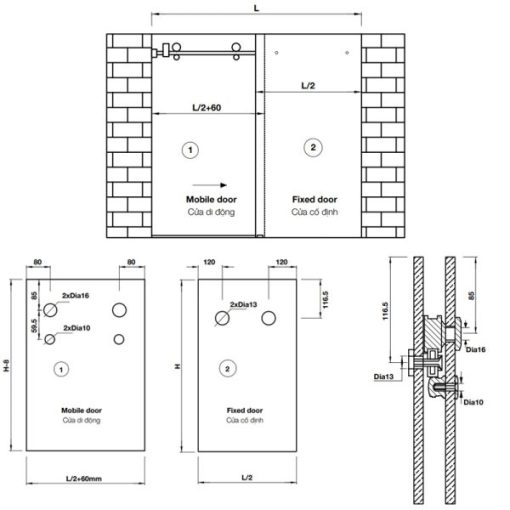Trọn bộ cửa trượt phòng tắm Vuông – Ray 2000mm Hafele 981.71.101 - 3
