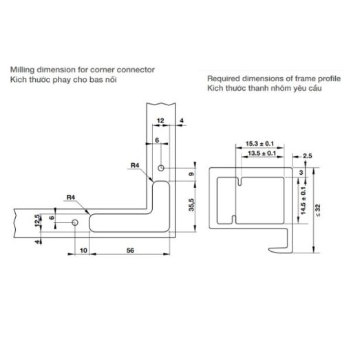 Bas nối sử dụng với khung nhôm cho bản lề âm cửa mở trái Hafele 342.79.718 - 3