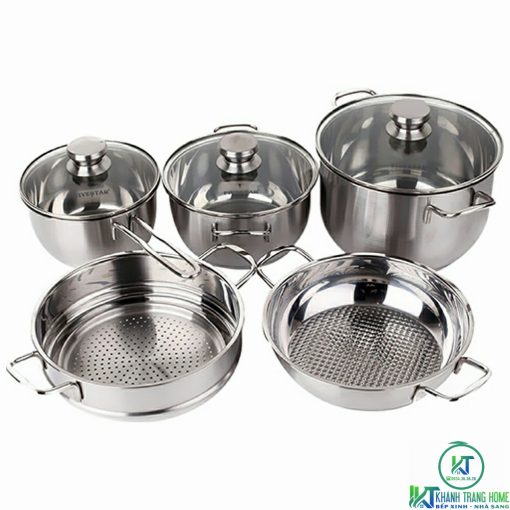 BỘ 5 NỒI CHẢO XỬNG INOX FIVESTAR FS08CG1 3 ĐÁY NẮP KÍNH - 1