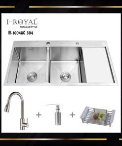 COMBO CHẬU RỬA CHÉN I-ROYAL 10048 2 HỘC CÂN CÓ CÁNH INOX 304 ĐÚC IR-10048C 304