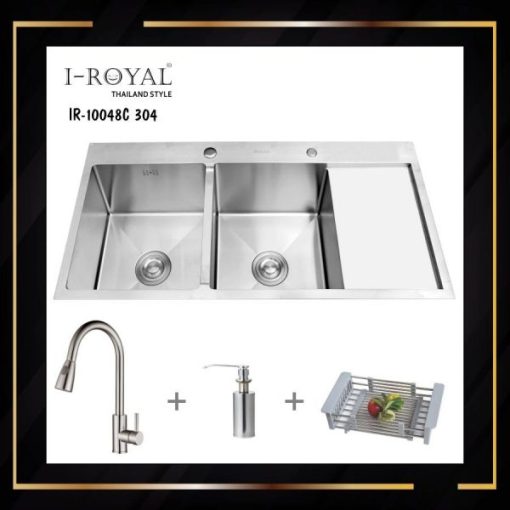 COMBO CHẬU RỬA CHÉN I-ROYAL 10048 2 HỘC CÂN CÓ CÁNH INOX 304 ĐÚC IR-10048C 304 - 1