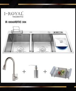 COMBO CHẬU RỬA CHÉN I-ROYAL 10048 2 HỘC CÂN CÓ CÀI DAO-THỚT-RÁC INOX 304 ĐÚC KHÔNG SƠN IR-10048RDTKS 304
