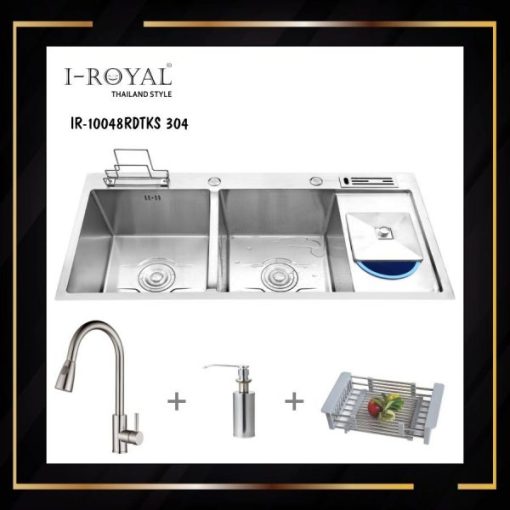 COMBO CHẬU RỬA CHÉN I-ROYAL 10048 2 HỘC CÂN CÓ CÀI DAO-THỚT-RÁC INOX 304 ĐÚC KHÔNG SƠN IR-10048RDTKS 304 - 1
