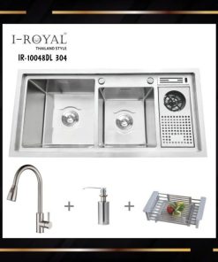 COMBO CHẬU RỬA CHÉN I-ROYAL 10048 2 HỘC LỆCH CÓ CÀI DAO-RỬA LY INOX 304 IR-10048DL 304