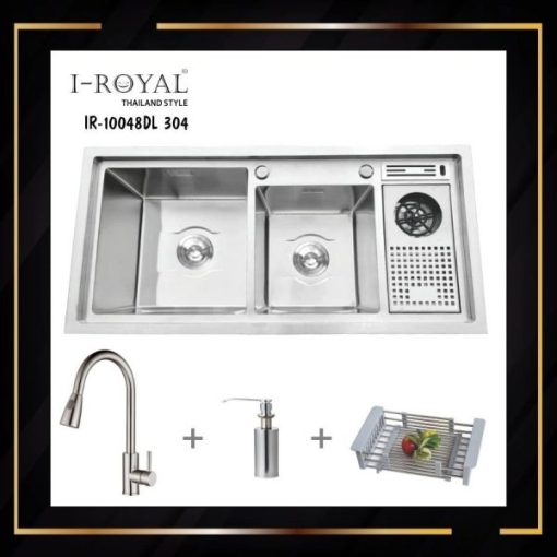 COMBO CHẬU RỬA CHÉN I-ROYAL 10048 2 HỘC LỆCH CÓ CÀI DAO-RỬA LY INOX 304 IR-10048DL 304 - 1