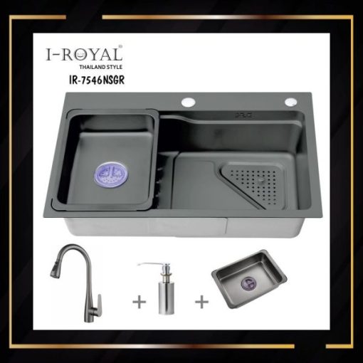 COMBO CHẬU RỬA CHÉN I-ROYAL 7546 1 HỘC INOX PHỦ NANO IR-7546NSGR - 1