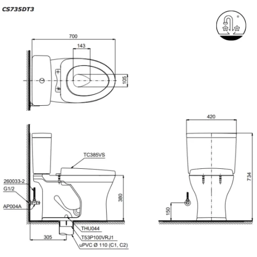 Bồn Cầu TOTO 2 Khối CS735DT3#XW Nắp Đóng Êm TC385VS - 9