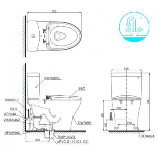 Bồn Cầu TOTO CS769DRT8#XW 2 Khối Nắp Đóng Êm TC600VS - 7