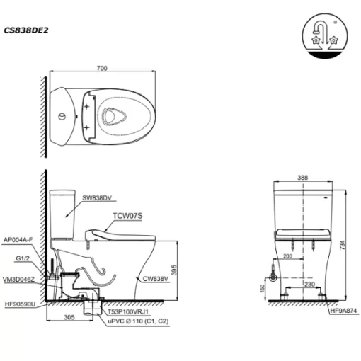 Bồn Cầu TOTO CS838DE2#XW 2 Khối Nắp Rửa Cơ TCW07S - 7