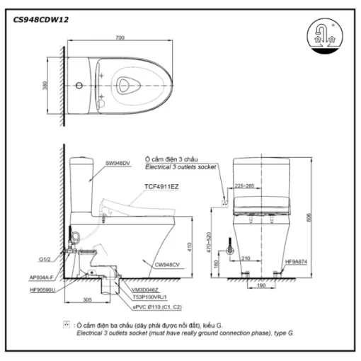 Bồn Cầu Điện Tử TOTO CS948CDW12#XW Kèm Nắp Rửa Điện Tử WASHLET (Loại Giấu Dây) Dòng S7 – TCF4911EZ (220V) - 5