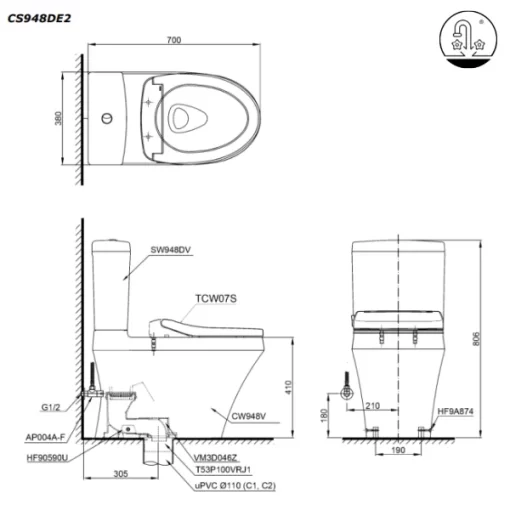 Bồn Cầu TOTO CS948DE2#XW 2 Khối Nắp Rửa Cơ TCW07S - 9
