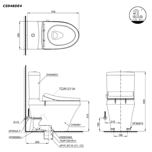 Bồn Cầu TOTO CS948DE4#XW 2 Khối Nắp Rửa Cơ TCW1211A - 9