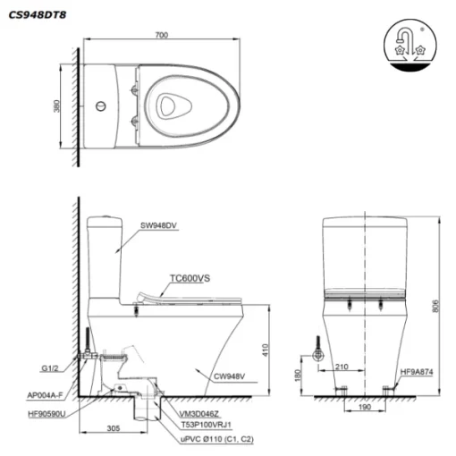 Bồn Cầu TOTO 2 Khối CS948DT8#XW Nắp Đóng Êm TC600VS - 9