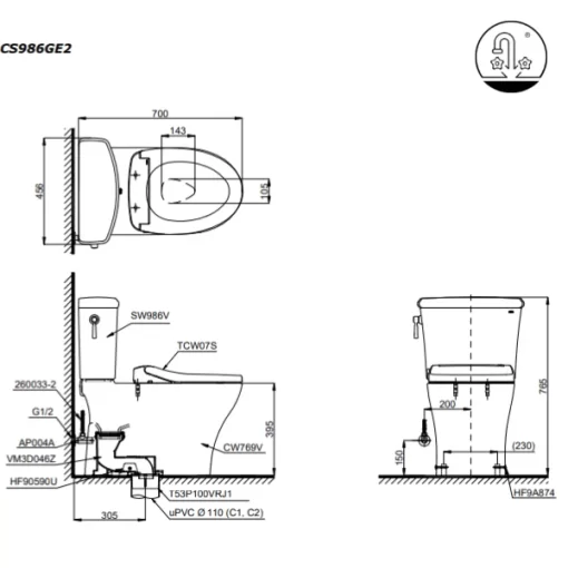 Bồn Cầu TOTO CS986GE2#XW 2 Khối Nắp Rửa Cơ TCW07S - 9