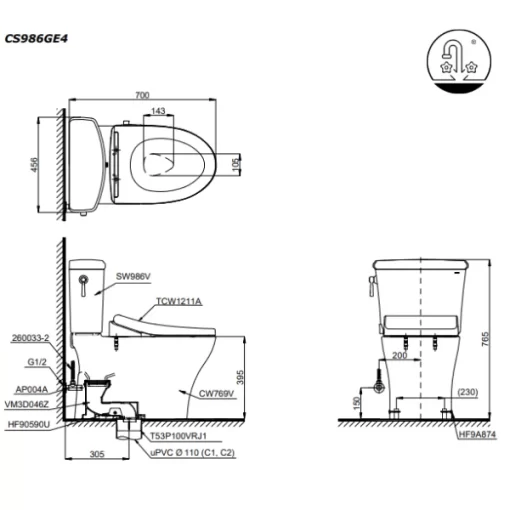 Bồn Cầu TOTO CS986GE4#XW 2 Khối Nắp Rửa Cơ TCW1211A - 9