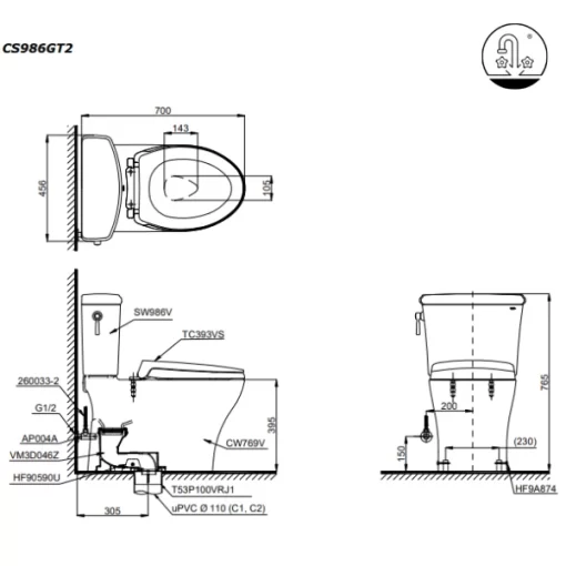 Bồn Cầu TOTO CS986GT2#XW 2 Khối Nắp Đóng Êm TC393VS - 9