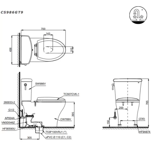 Bồn Cầu TOTO CS986GT9#XW 2 Khối Nắp Đóng Êm TC507CVK-1 - 9