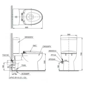 Bồn Cầu TOTO CS320PDRT3#W 2 Khối Nắp Đóng Êm TC385VS - 9