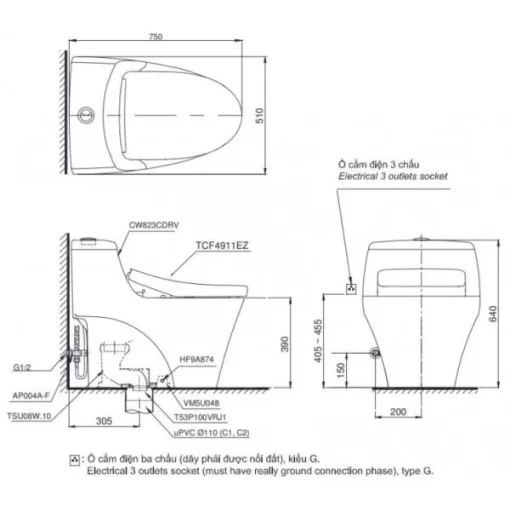 Bồn Cầu Điện Tử TOTO MS823CDRW12#XW Kèm Nắp Rửa Điện Tử WASHLET (Loại Giấu Dây) Dòng S7 – TCF4911EZ (220V) - 5