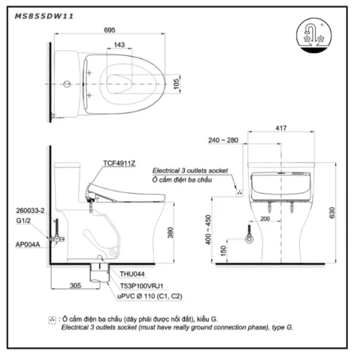Bồn Cầu Điện Tử TOTO MS855DW11#XW Kèm Nắp Rửa Điện Tử WASHLET Dòng S7 – TCF4911Z (220V) - 5