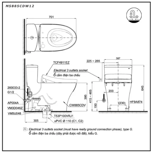 Bồn Cầu Điện Tử TOTO MS885CDW12#XW Kèm Nắp Rửa Điện Tử WASHLET (Loại Giấu Dây) Dòng S7 – TCF4911EZ (220V) - 5